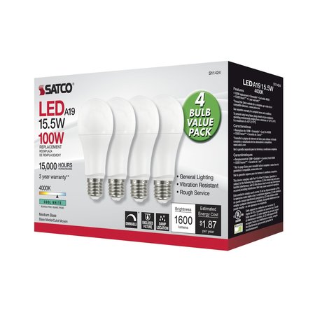 Satco Bulb, LED, 15.5W, A19, Medium, 40K, Dim, 4PK S11424